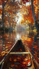 A serene canoe gliding through a vibrant autumn forest, reflecting colorful leaves on water.