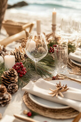 A table with a Christmas theme is set with a glass of wine, candles