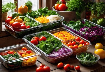 vibrant colorful food spread featuring variety fresh ingredients meal prep containers bright colors, dish, vegetable, salad, fruit, healthy, snack, herb