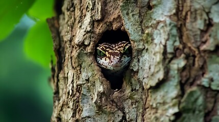 Fototapeta premium Lizard Peeking from Tree Trunk Hole in Forest