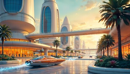 Naklejka premium Retro-Futuristic Plaza with Skybridge and Hovering Vehicles in a Sleek Urban Setting