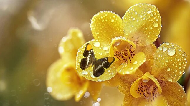 blooming orchids and butterflies perched on orchids with a blurry forest background. Virtual 4K video animation background with looping time lapse with very smooth graphics.