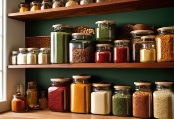colorful organized shelf arrangements showcasing varied food pantry staples their textures, organization, spices, grains, jars, containers, canned