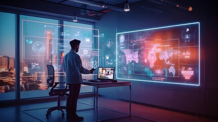 A professional analyzing data in a modern office with digital displays.