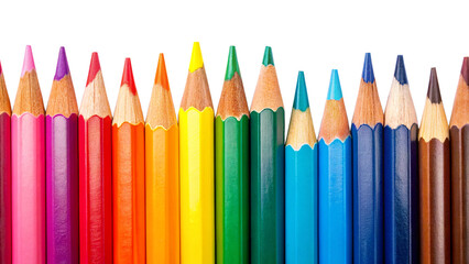 Colored pencils in a row isolated on white background