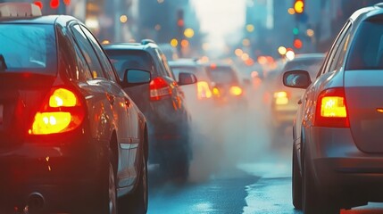 Obraz premium Busy Urban Street with Heavy Traffic and Car Exhaust Emissions During Evening Rush Hour