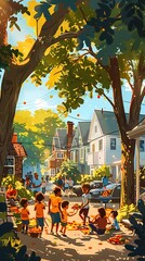 Naklejka premium A vibrant neighborhood scene with children playing and adults socializing under sunny trees.