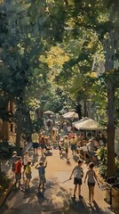 A lively street scene filled with people enjoying a sunny day under green trees.