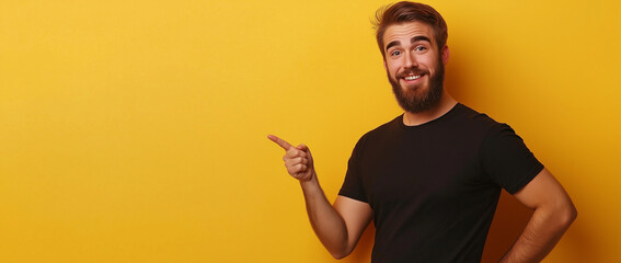  A friendly man in a black t-shirt, with a beard and short brown hair, points left against a bright yellow background. The tone is cheerful and upbeat, ideal for casual or promotional use.