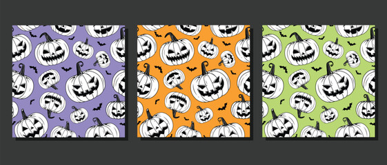 Vector seamless pattern of creepy halloween pumpkins. silhouette bats and stars printable texture background repeatable wallpaper on purple color background Scary Trick or Treat wallpaper.