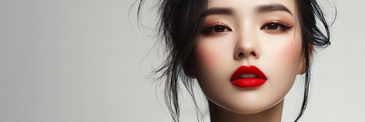 Fototapeta premium studio photo of a beautiful and sensual Asian model isolated on background with copy space, concept of beauty, makeup and cosmetics