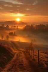 A serene sunrise over a misty landscape with a lone figure walking along a dirt path.