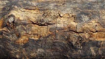 Close-up of a weathered, cracked, and textured wooden surface.