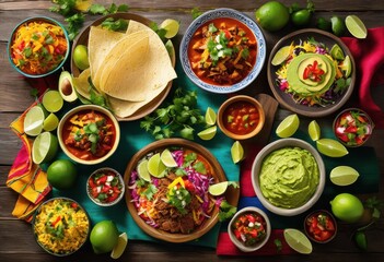 vibrant flat lay arrangement featuring colorful mexican dishes rich textures varied ingredients appealing gastronomic aesthetics, taco, salsa, guacamole