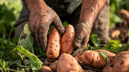 a farmer collects sweet potatoes. Selective focus