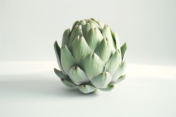 Fototapeta premium A beautiful artichoke stands alone against a soft background. Its green petals are tightly closed. This still life evokes freshness and healthy living. Generative AI