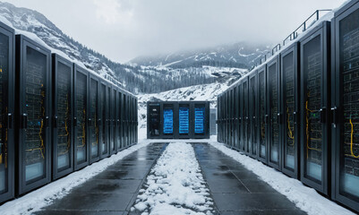 A row of server racks are positioned in a snowy mountain range