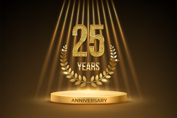 Anniversary gold award podium with glittering number 25. Twenty five years celebration birthday or jubilee golden vector background. Luxury stage with laurel wreath and glowing rays on black.