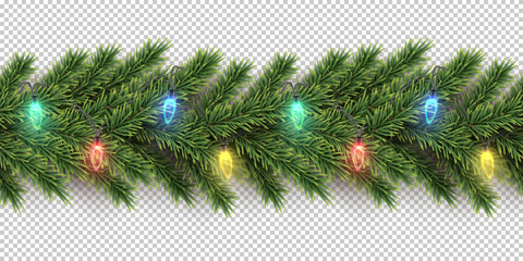 Christmas tree garland with red, blue, green, yellow lights on transparent background. Merry Xmas decorative fir branch. New year traditional banner. Realistic vector seamless illustration.
