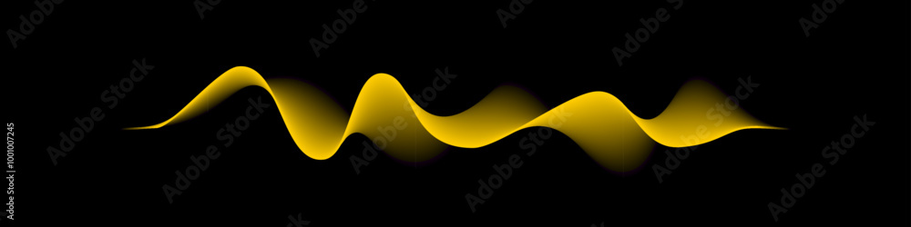 Poster abstract sound rhythm wave vector illustration. yellow flowing waveform isolated on black background