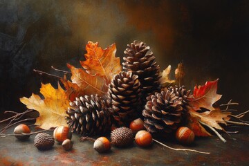 A Still Life of Pine Cones, Acorns, and Autumn Leaves