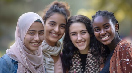 Obraz premium Smiling young women from diverse ethnic backgrounds, standing closely together