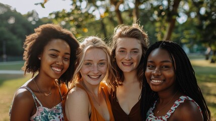 Fototapeta premium Smiling young women from diverse ethnic backgrounds, standing closely together and warmly