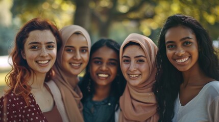 Smiling young women from diverse ethnic backgrounds, standing closely together and warmly