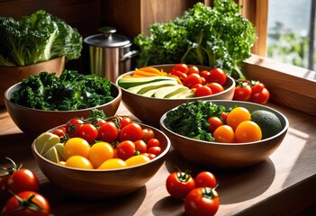 colorful bowls filled fresh vibrant meal prep ingredients ready assemble inspiration, vegetable, chopped, arrangement, healthy, salad, cuisine, dish, mix