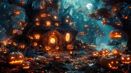 scared house, tree and pumpkins, halloween concept, scary halloween background