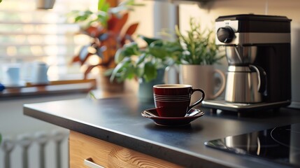 Obraz premium A modern pot of coffee and a cozy cappuccino mug on a cooking desk