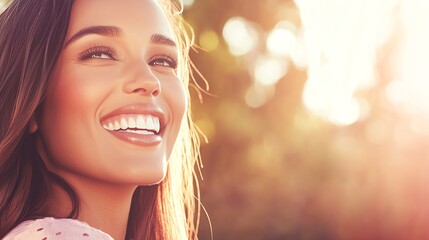 Naklejka premium A joyful woman smiles brightly, capturing the warmth of sunlight and a moment of happiness in a natural setting.