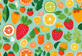 Obraz premium lively colorful icons showcasing collection natural ingredients including herbs culinary inspiration, apple, berry, banana, carrot, cucumber, cilantro