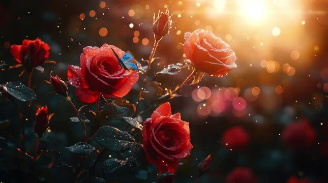 roses in the morning with sunrise. Virtual 4K video animation background with looping time lapse with very smooth graphics.