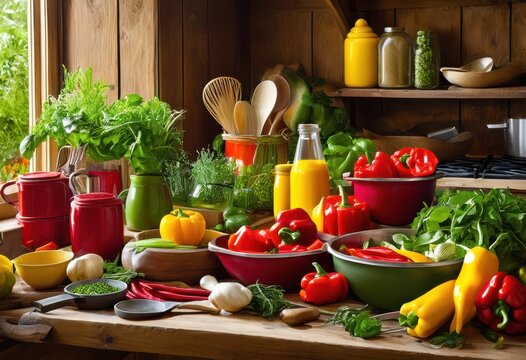 colorful display clean food preparation tools featuring various ingredients healthy cooking, bowls, containers, cutting, boards, knives, slicing, chopping