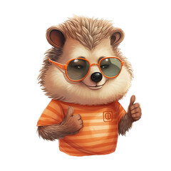 Obraz premium A cute hedgehog wearing sunglasses and a striped shirt gives a thumbs up., transparent, png
