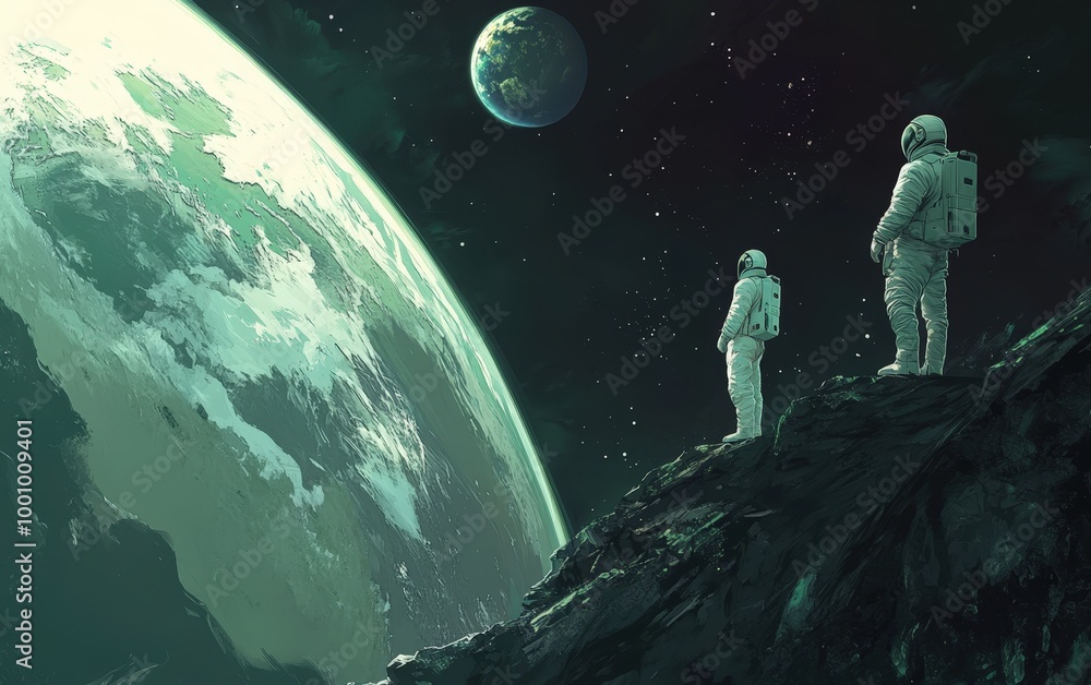 Poster astronauts exploring alien planet