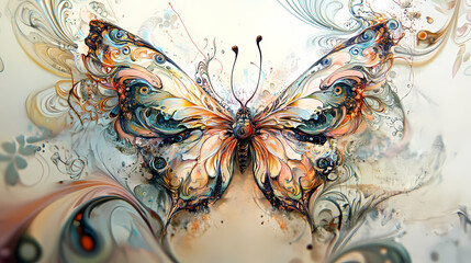 Generative AI, Elegant Butterfly with Intricate Wings Surrounded by Swirling Natural Motifs