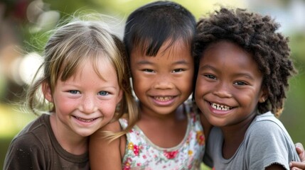 Three children from different ethnic backgrounds, smiling brightly