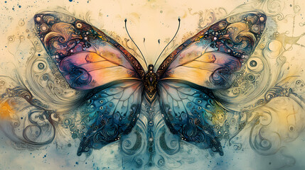Generative AI, Art Nouveau Butterfly with Intricate Wings and Swirling Nature Motifs
