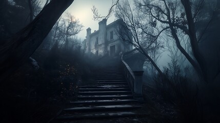 A crooked, ancient staircase leading up to a forgotten, eerie house hidden in the trees.