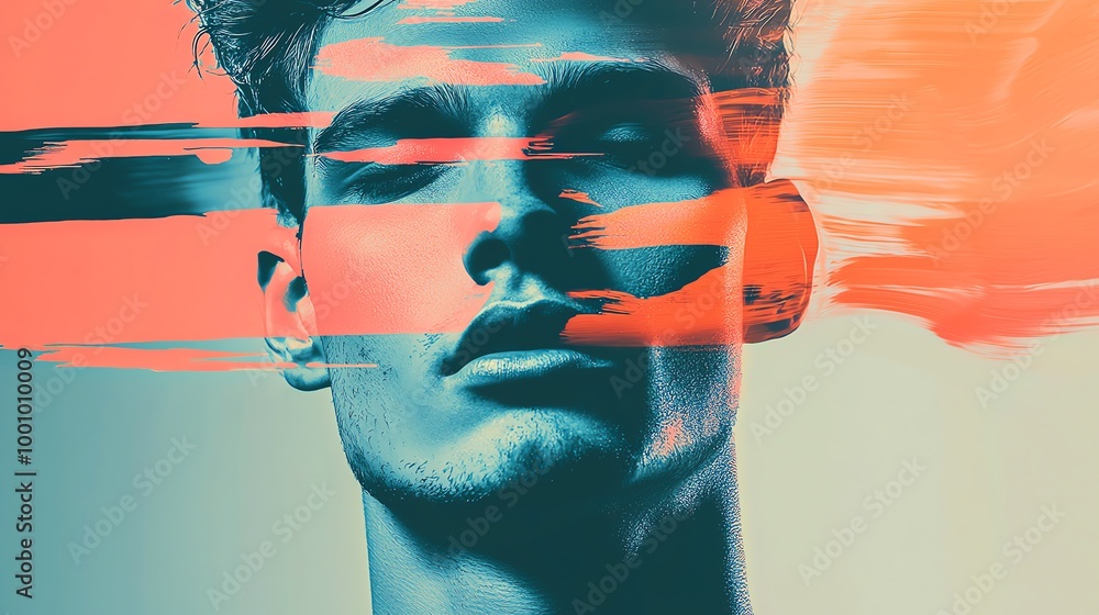 Poster a striking portrait of a man with abstract painted effects, blending color and emotion in a modern a