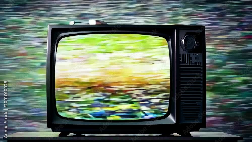 Poster retro old television with glitch noise on background. abstract random shapes, glitched lines and blo