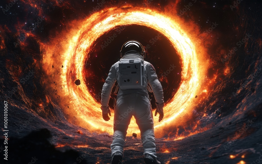 Poster astronaut exploring a fiery black hole in deep space