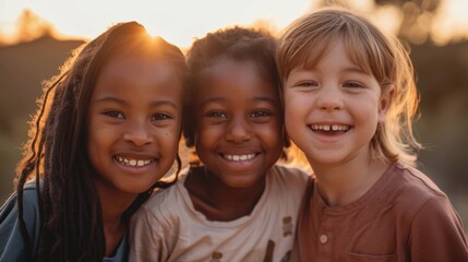 Obraz premium Three children from different ethnic backgrounds, smiling brightly