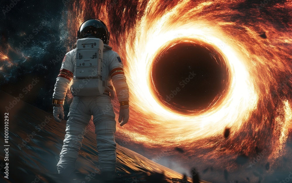 Poster astronaut exploring mysterious black hole in deep space