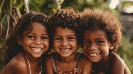 Fototapeta premium Three children with different hair types, smiling together brightly