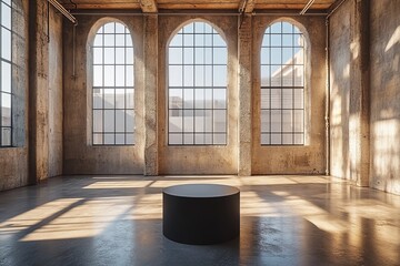 Fototapeta premium A matte black podium standing alone in the center of a sleek, minimalist industrial space. Generative AI