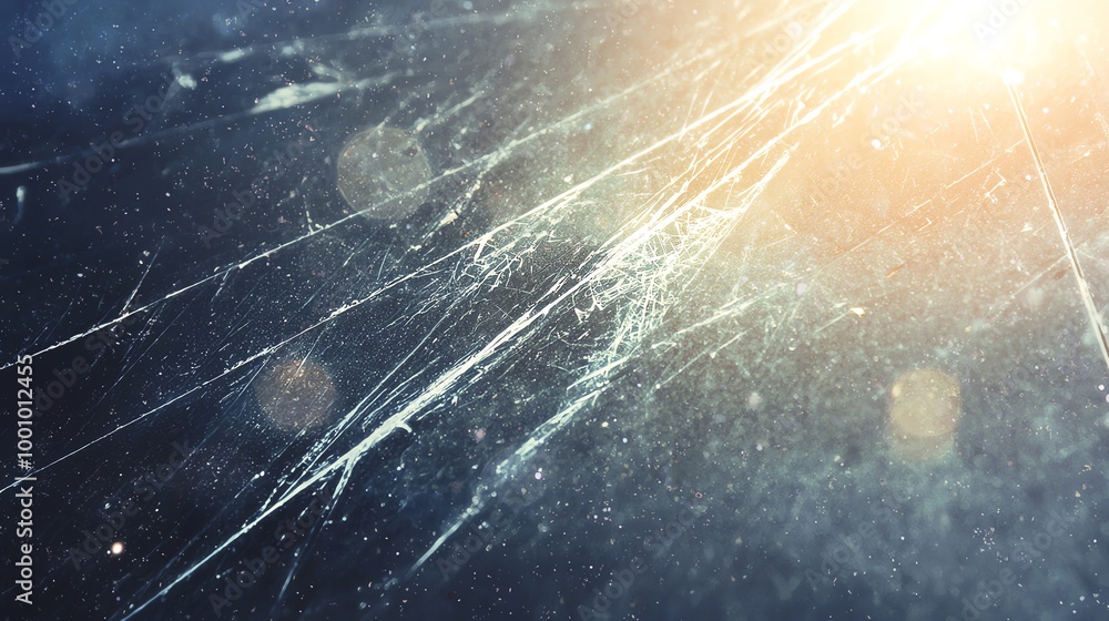 Poster abstract close-up of glass surface with scratches and light reflections, conveying depth and texture