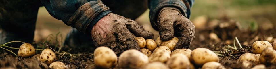 Obraz premium a farmer collects potatoes on the plot. Selective focus